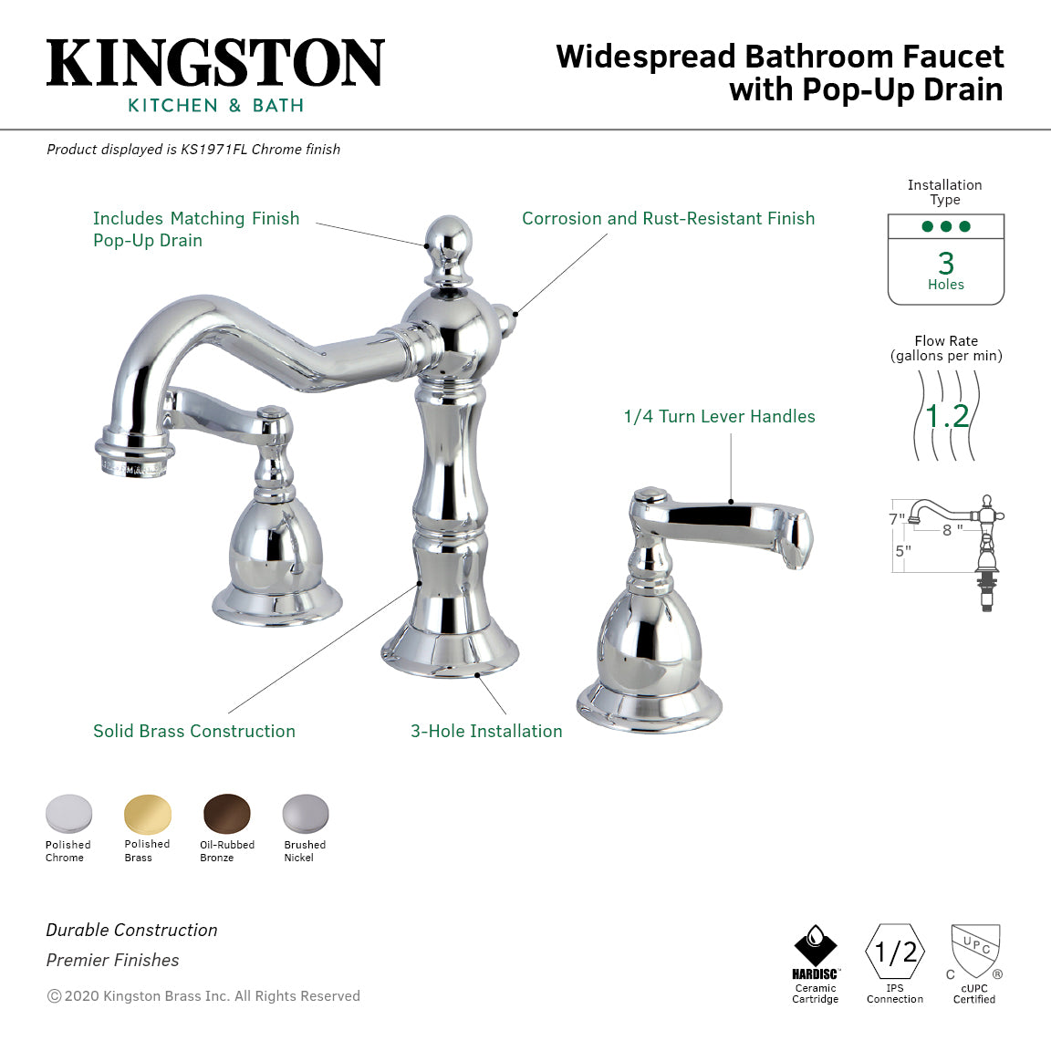 Kingston Heirloom KS1972FL - Heritage Two-Handle 3-Hole Deck Mount Widespread Bathroom Faucet with Brass Pop-Up, Polished Brass — thumbnail 2